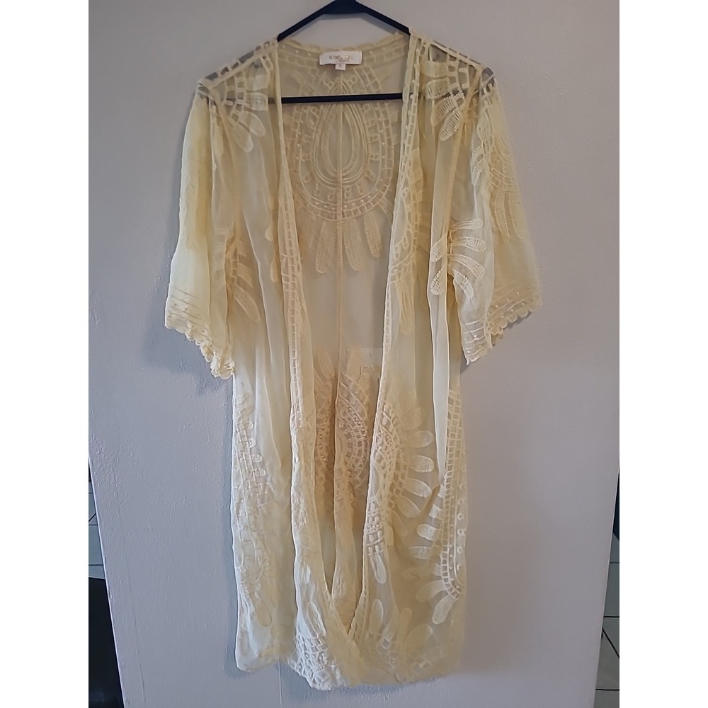 REBELLION AGAIN WOMEN'S M Light Yellow LACE COVER UP BOHO KIMONO CAFTAN